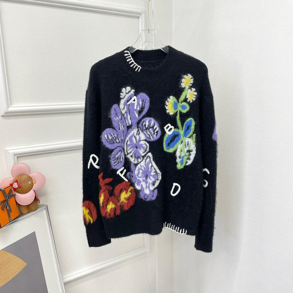 Fabrique Men's Women's Autumn And Winter Floral Letter Jacquard Crew Neck Pullover Loose Mohair Wool Knit Sweater Ngvp #7481
