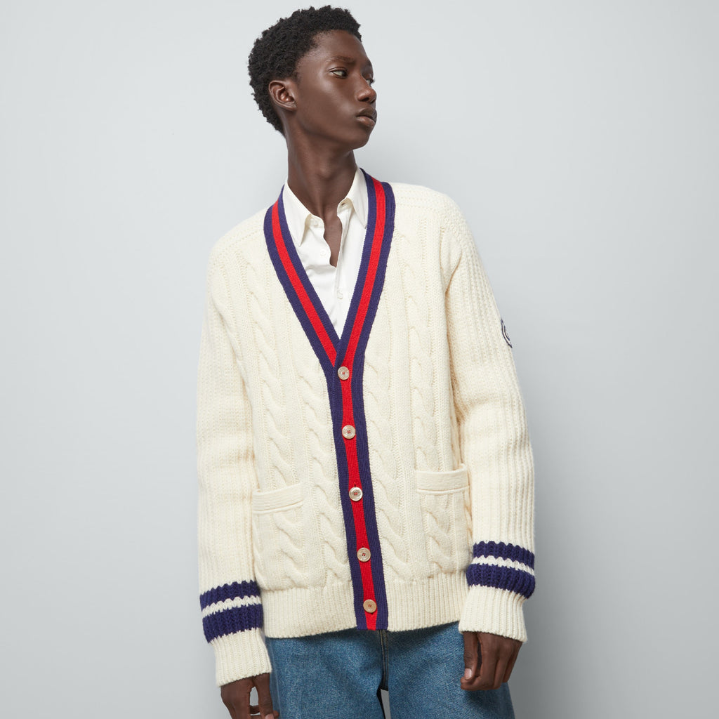 Gucci Men's Beige Colour Block Stripe V-Neck Single Breasted Long Sleeve Knitted Cardigan #97871