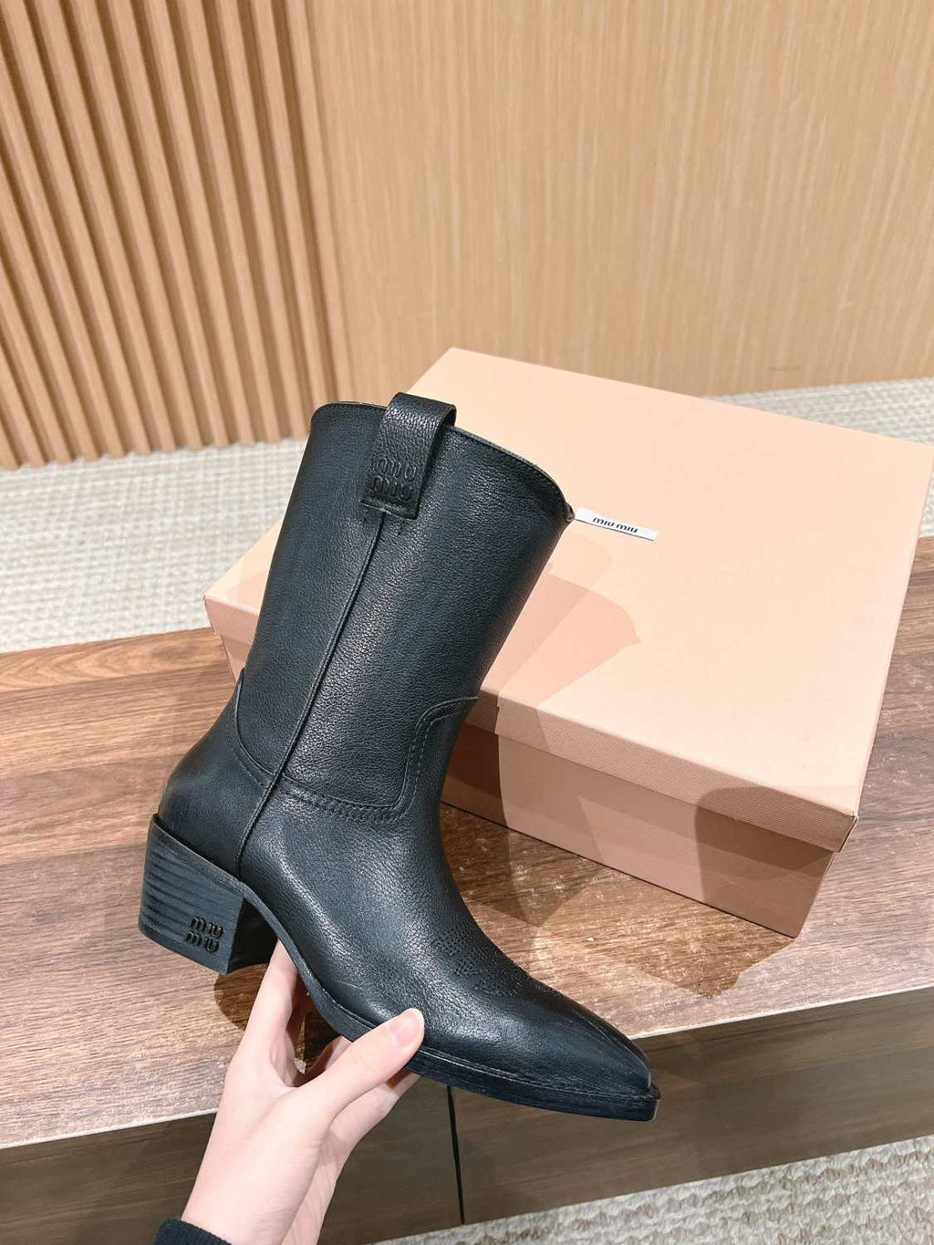 MiuMiu Women's Autumn/winter Fashion Classic Solid Color Retro Leather Pointed Toe High Heel High Boot Shoes #78435