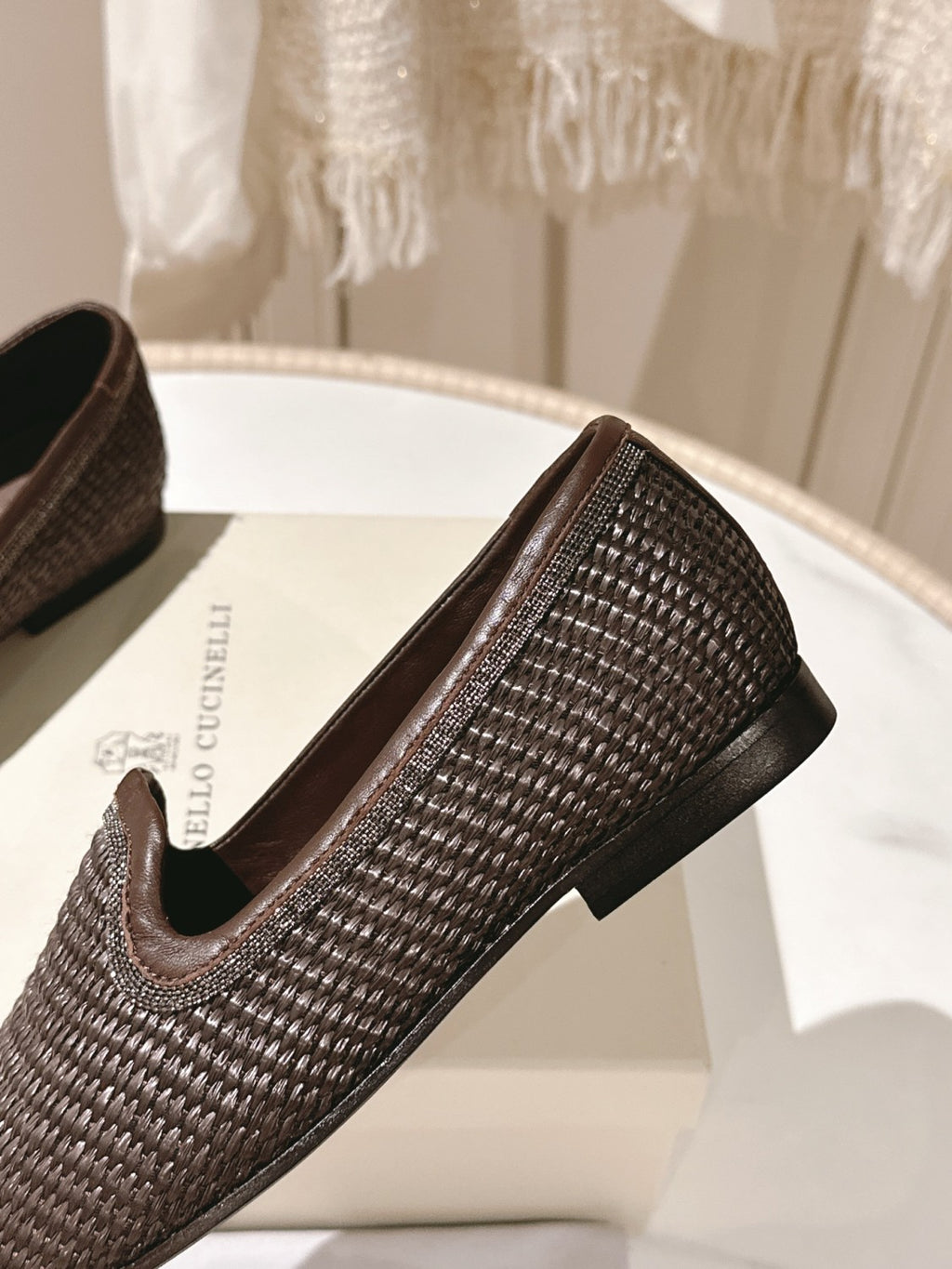 Brunello Cucinelli Women's Techno Raffia Slippers With Precious Trim Round Toe Solid Color Single Shoes Sheepskin Tassel Embellished Four Seasons Casual Flats Shoes Ngvp #1537