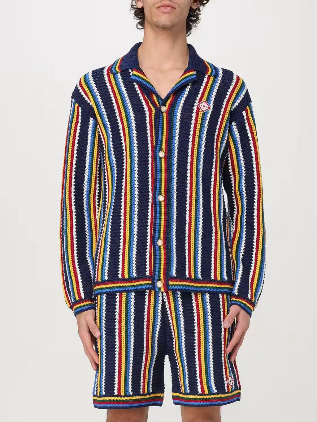Casablanca Men's Spring And Summer Vertical Stripes Printed Single Breasted Long Sleeved Knitted Shirt Drawstring Tie Casual Knitted Shorts Suit Set #76349