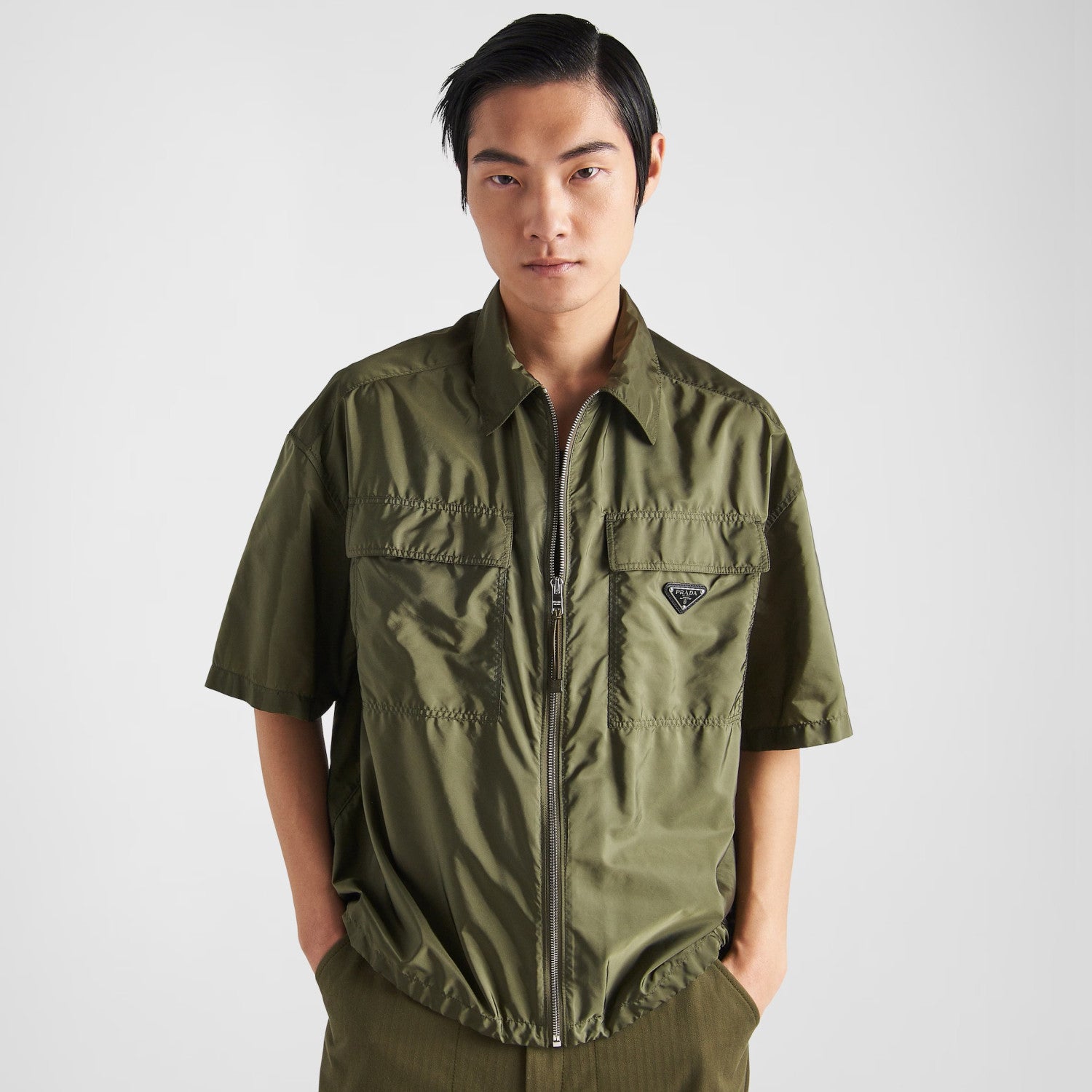 Prada Men's Spring Summer Nylon Solid Colour Lapel Zip Short Sleeve Shirt #99518