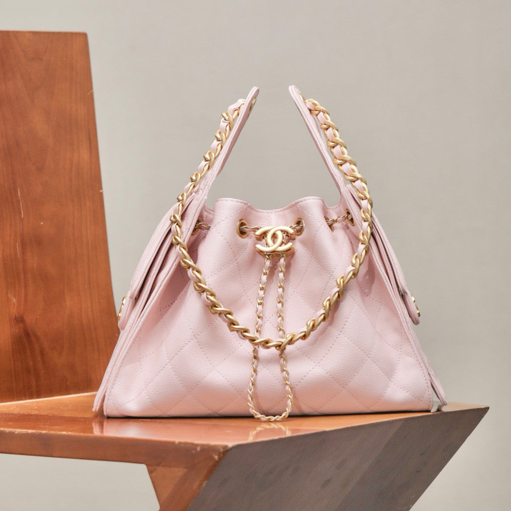 Chanel Women's Fashion Classic Solid Color Leather Logo Drawstring Underarm Bag Chain Handbag Tote Shoulder Bag Bags AS5293-B20304-U2367 Metallic-colored Leather Tends To Fade Easily #78855