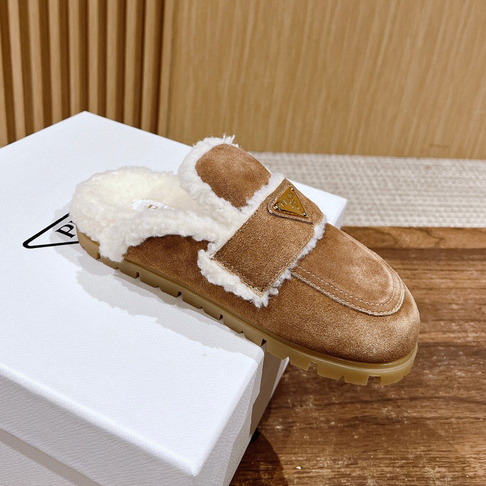 Prada Women's Fall/winter Casual Round Toe Slip On Fleece Lined Triangular Logo Birkenstock Style Slippers Shoes #79271
