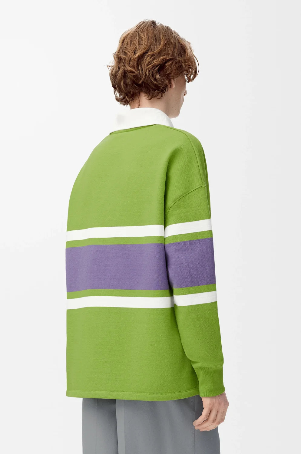 LOEWE FW25 Men's Cotton Horizontal Striped Logo Embroidered Long-Sleeved Polo Shirt #332269