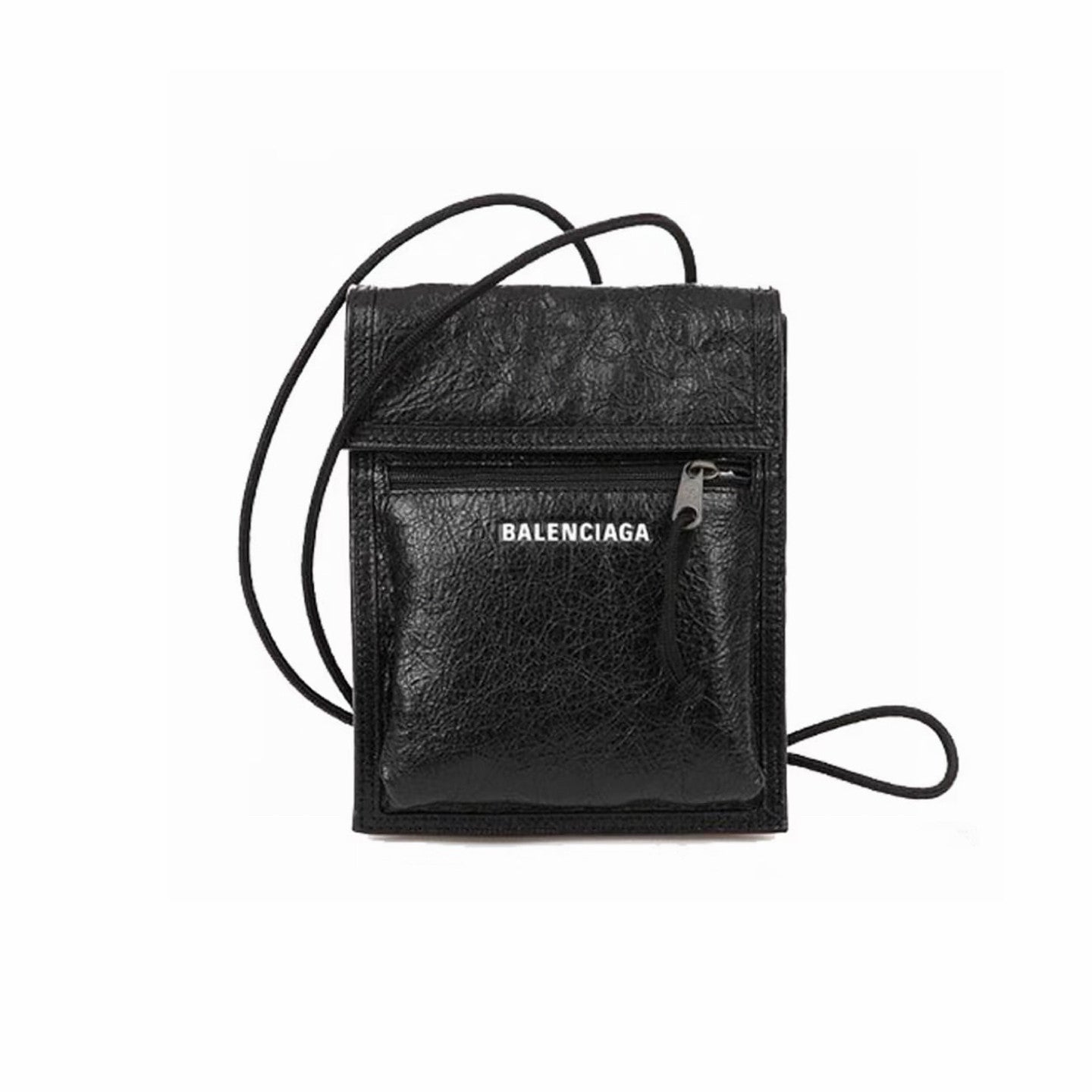 Balenciaga Men's And Women's New Oil Wax Leather Logo Phone Bag Messenger Bag Black Classic Color Mini Wallet Bags #195351