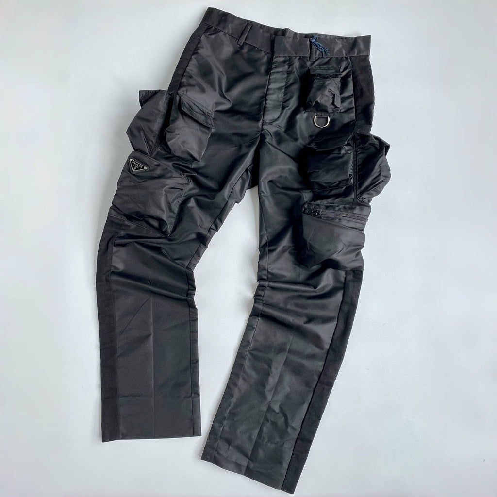 Prada Men's Spring and Autumn Black Triangle Label Multi-Pocket Zipper Nylon Workwear Long Pants #72861