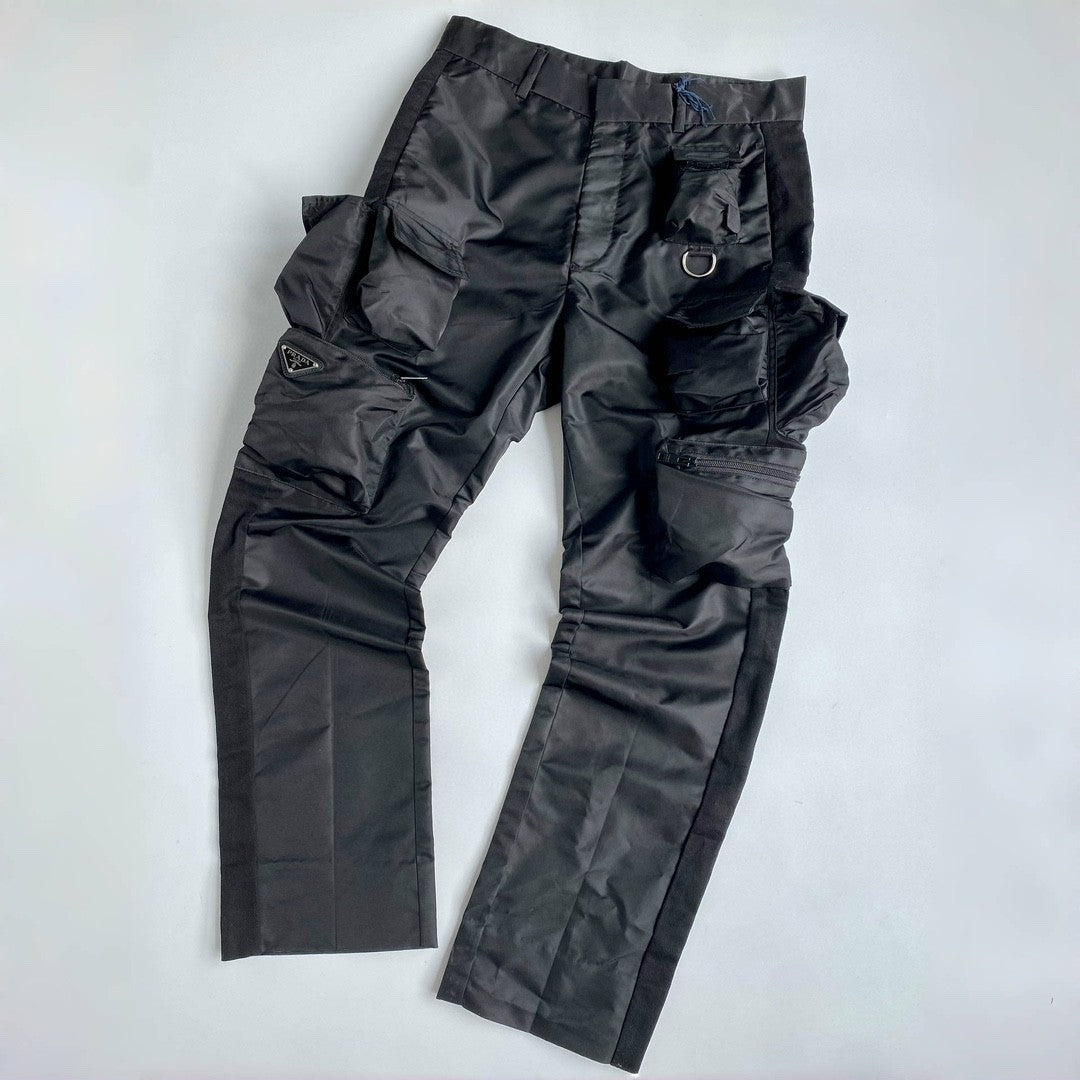 Prada Men's Spring and Autumn Black Triangle Label Multi-Pocket Zipper Nylon Workwear Long Pants #72861