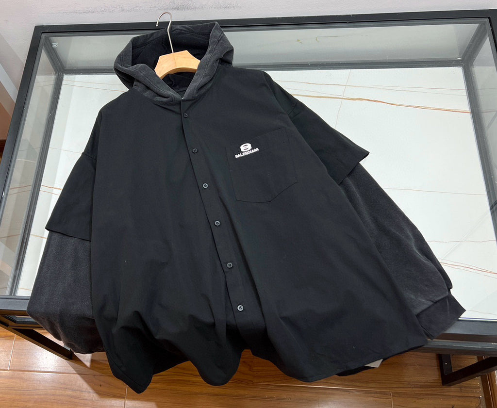 Balenciaga Men's Spring Autumn Black No Drawstring Connected Hooded Single Breasted Long Sleeve Shirt #97866