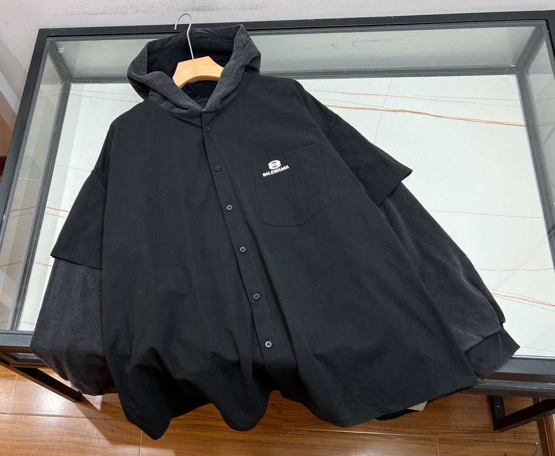 Balenciaga Men's Spring Autumn Black No Drawstring Connected Hooded Single Breasted Long Sleeve Shirt #97866