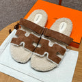 Hermes Chypre Men's And Women's Spring/Fall Fashion Casual Suede Shearling Flip Flop Sandals Shoes #78741