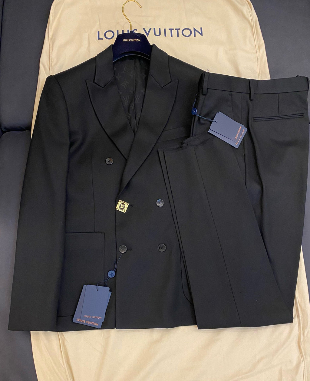 Louis Vuitton Men's Spring And Fall Black Wool Twill Double Breasted Blazer Jacket Casual Pants Suit Set #98626