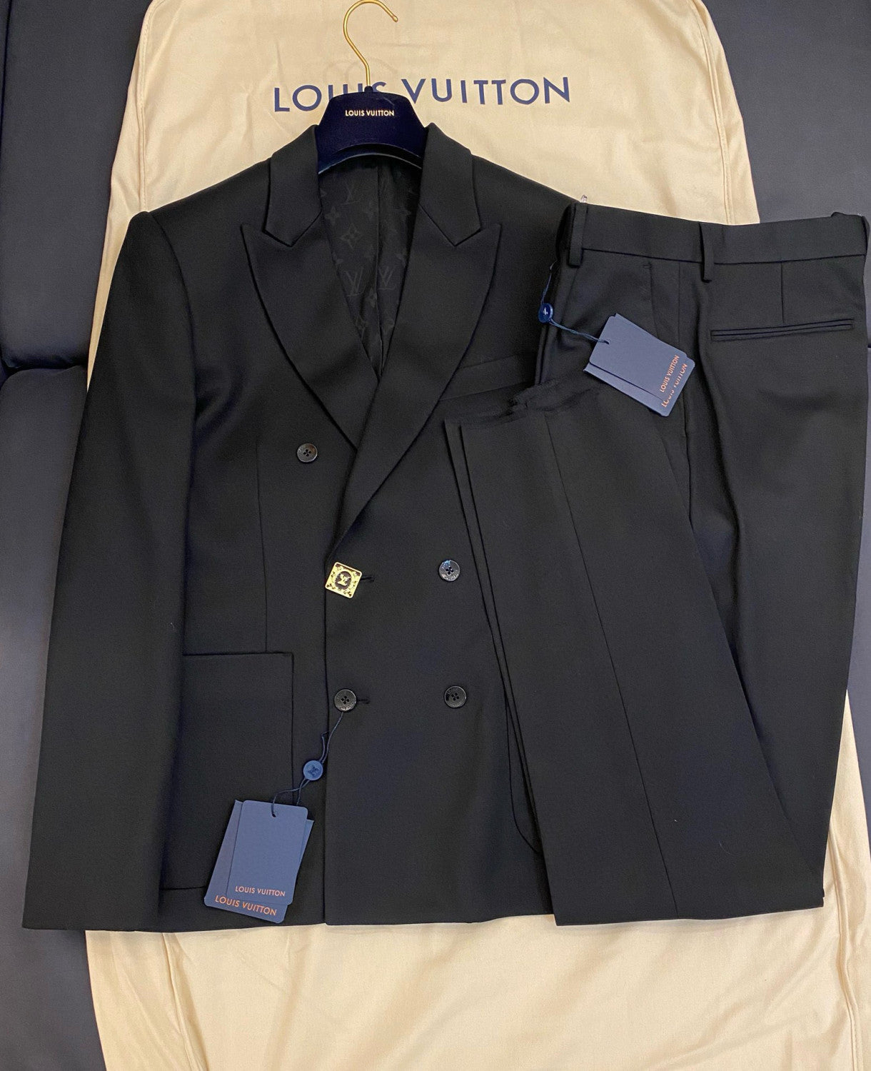 Louis Vuitton Men's Spring And Fall Black Wool Twill Double Breasted Blazer Jacket Casual Pants Suit Set #98626