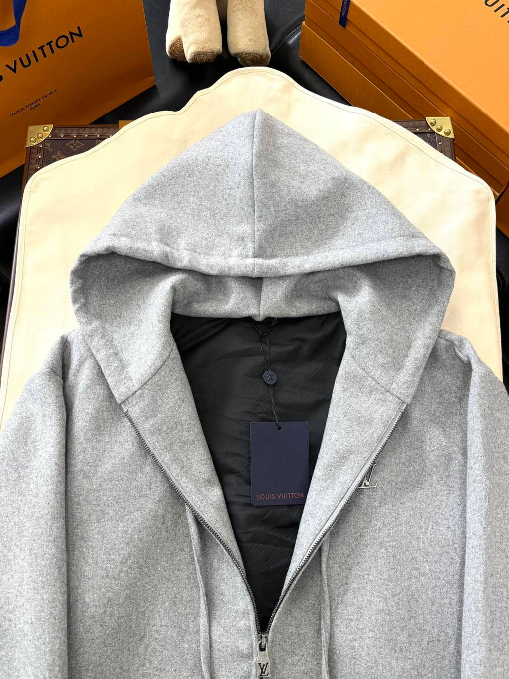 Louis Vuitton Men's Spring and Autumn Solid Color Wool Fabric Hooded Zipper Long Sleeve Jacket #76269