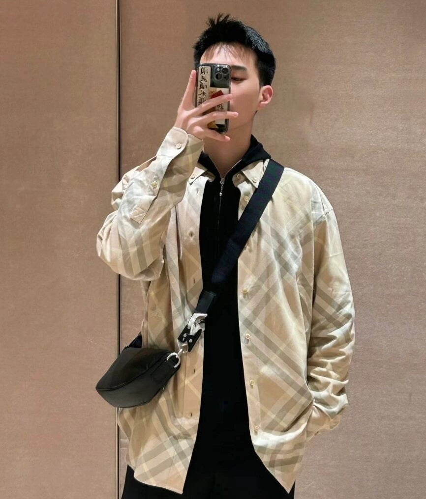 Burberry Men's Spring And Autumn New Retro Plaid Cotton Shirt Color Blocking Single-breasted Lapel Button Down Shirt  #71363