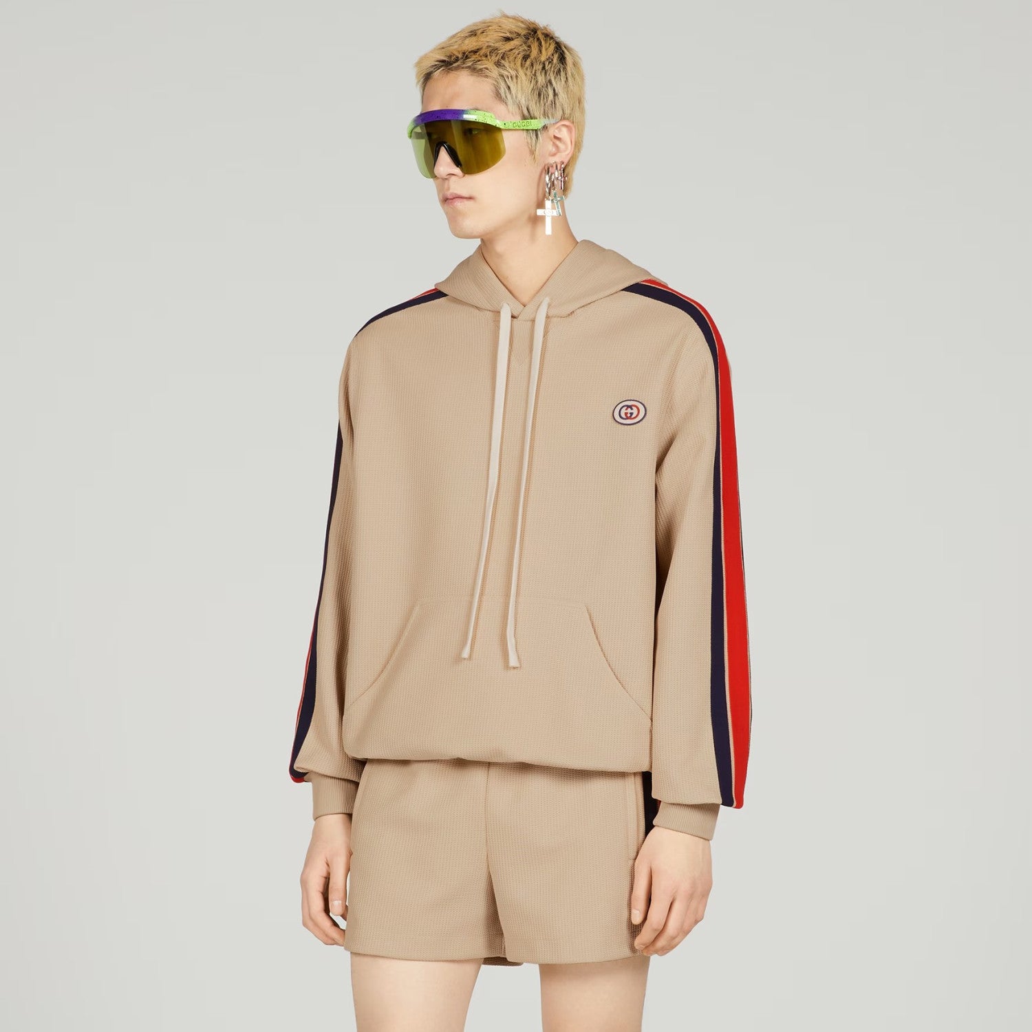 Gucci Men's Summer Striped Logo Print Hooded Sweatshirt Pullover Tie High Waisted Shorts Set Suit #98813