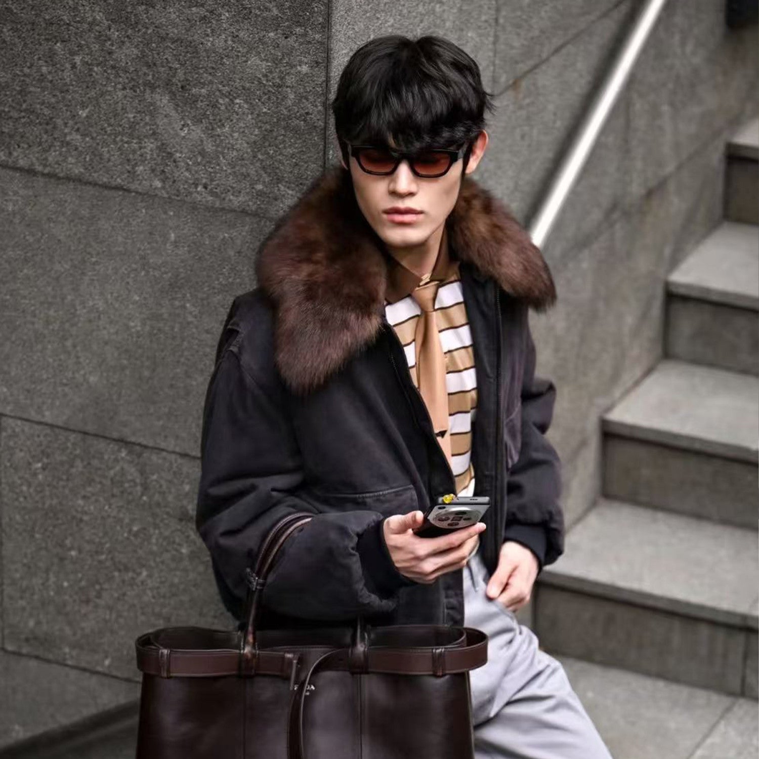 Prada Men's Fall And Winter Hair Collar Black Cotton Jacket Fashion Trend Warm Casual Zipper Short Jacket Coat Ngvp #2196