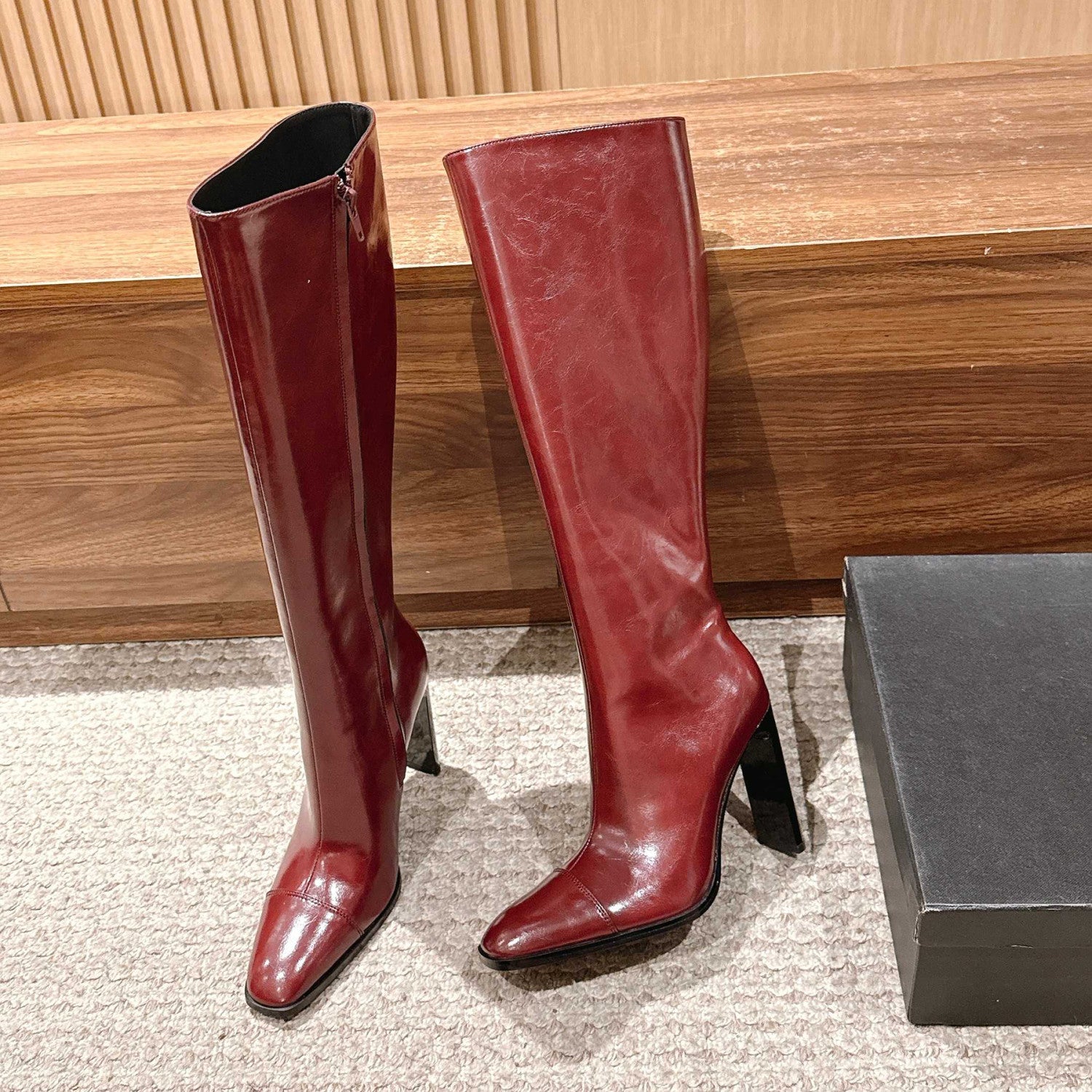 SAINT LAURENT Women's Pointed Cat Heel Long Short Red Black Boots Fashion Temperament Elegant Sexy Zipper Short Boots Shoes Ngvp #2185
