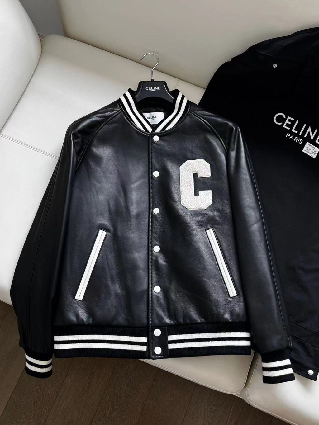 Celine Men's Fall And Winter Black And White Striped Monogrammed Labeled Single Breasted Leather Jacket #98457