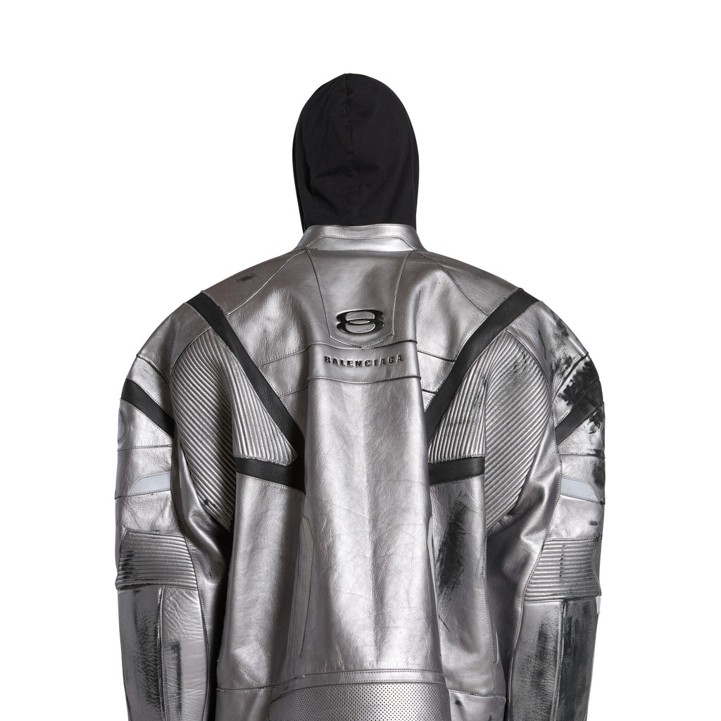 Balenciaga Men's Women's Autumn And Winter Cowhide Old Splicing Unity Sports Idol Silver Zipper Standing Collar Long Sleeve Loose Racer Jacket Ngvp #8579