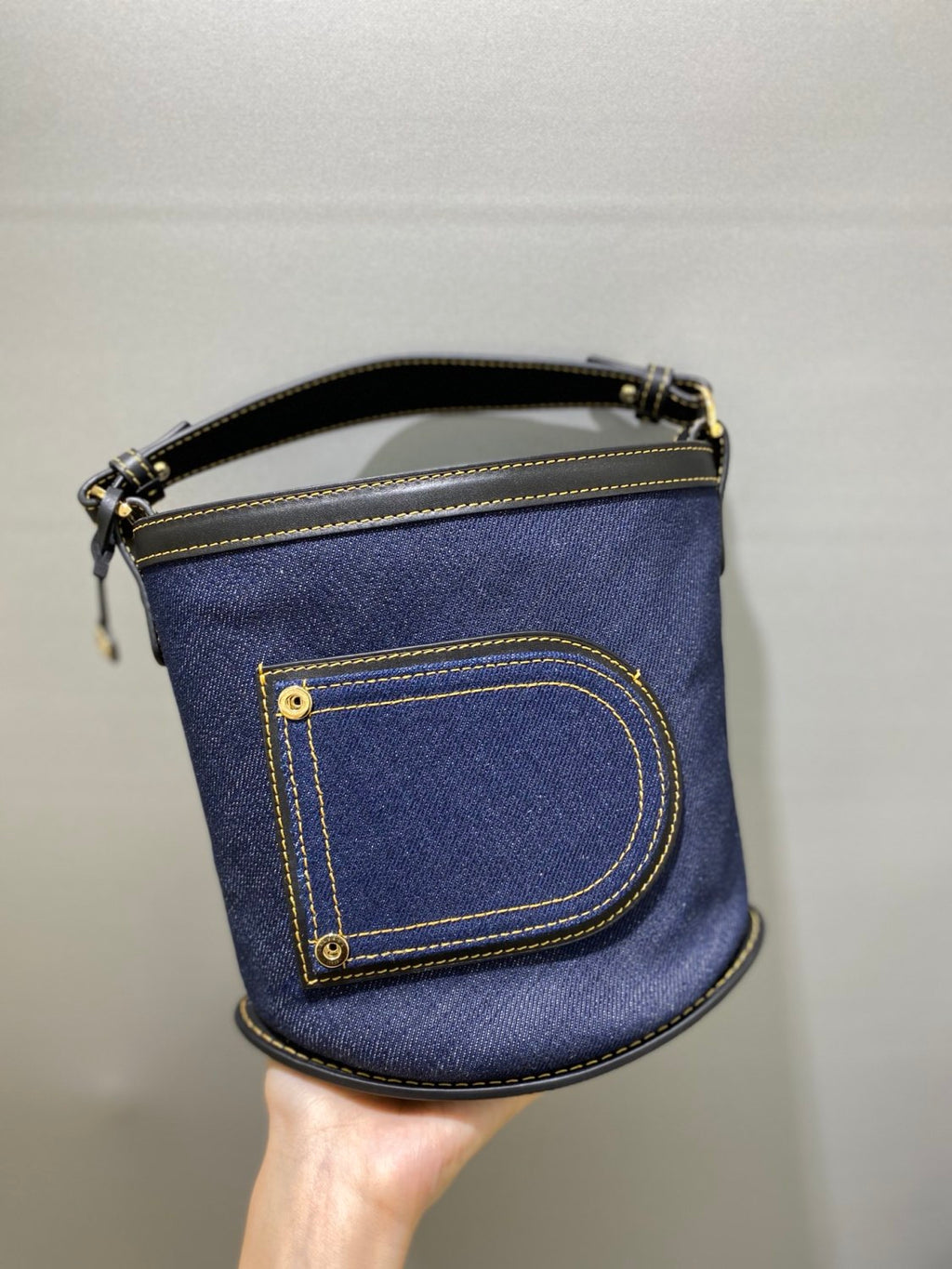 Delvaux Pin Bucket Women's Outer Stitching Solid Color Denim Patchwork Leather Tote Shoulder Bag Bags #76453