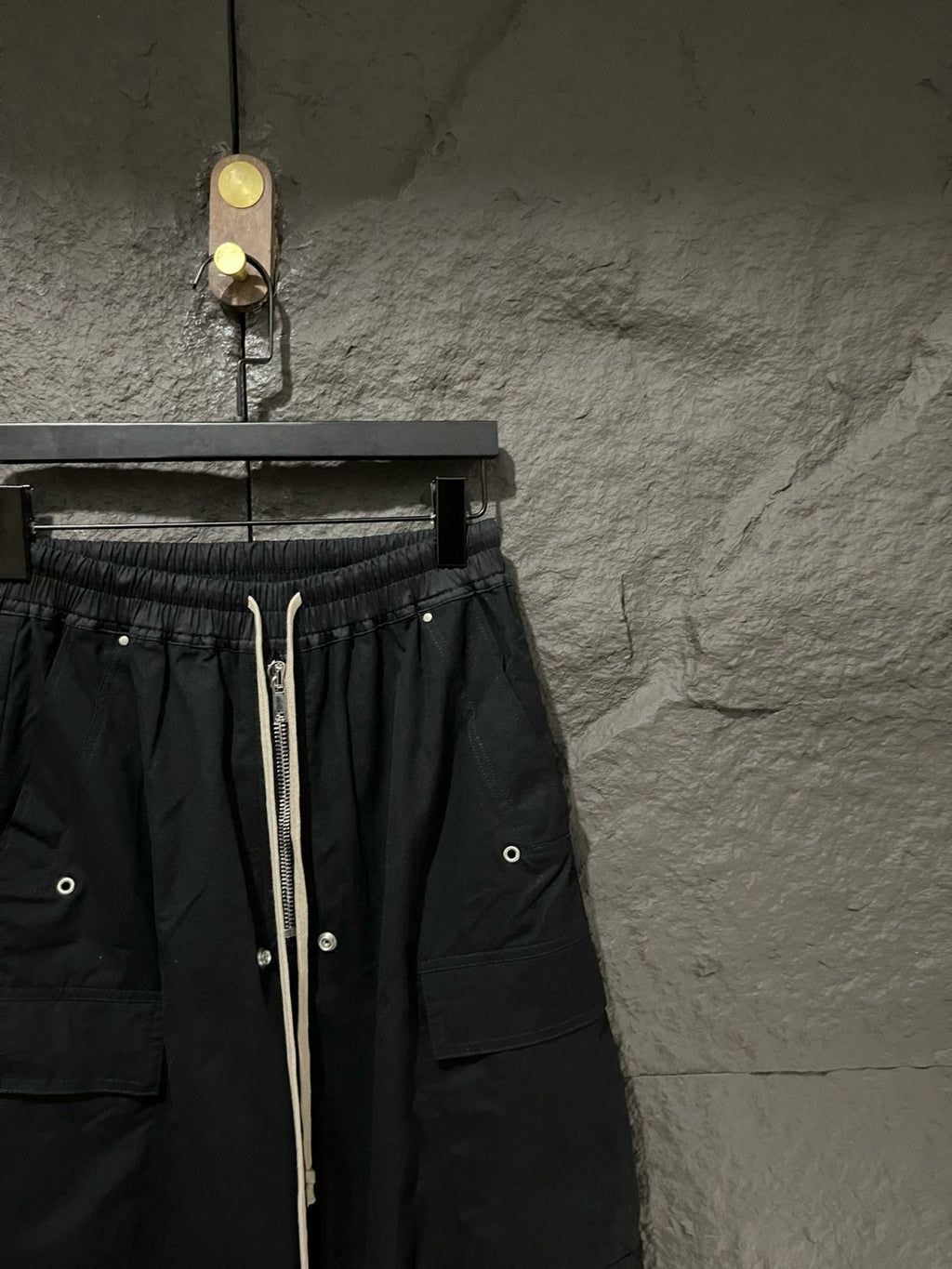 Rick Owens Men's Spring & Fall Black Multi-Pocket Drawstring Zipper Wide Leg Flared Pants #76955