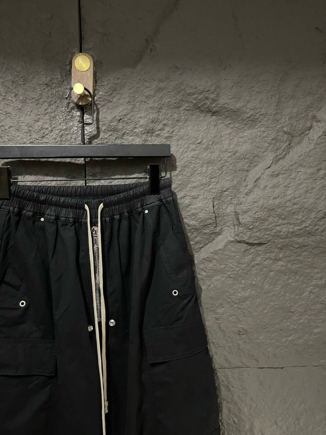 Rick Owens Men's Spring & Fall Black Multi-Pocket Drawstring Zipper Wide Leg Flared Pants #76955