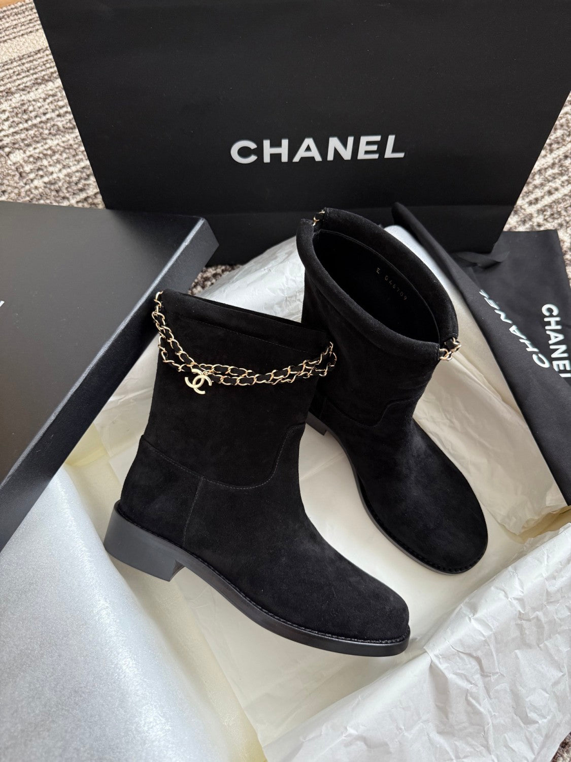Chanel Women's Fall/winter Fashion Classic Solid Color Leather Suede Round Toe Cuffed Chunky Heel Chain Pendant Ankle Boots Shoes #79218
