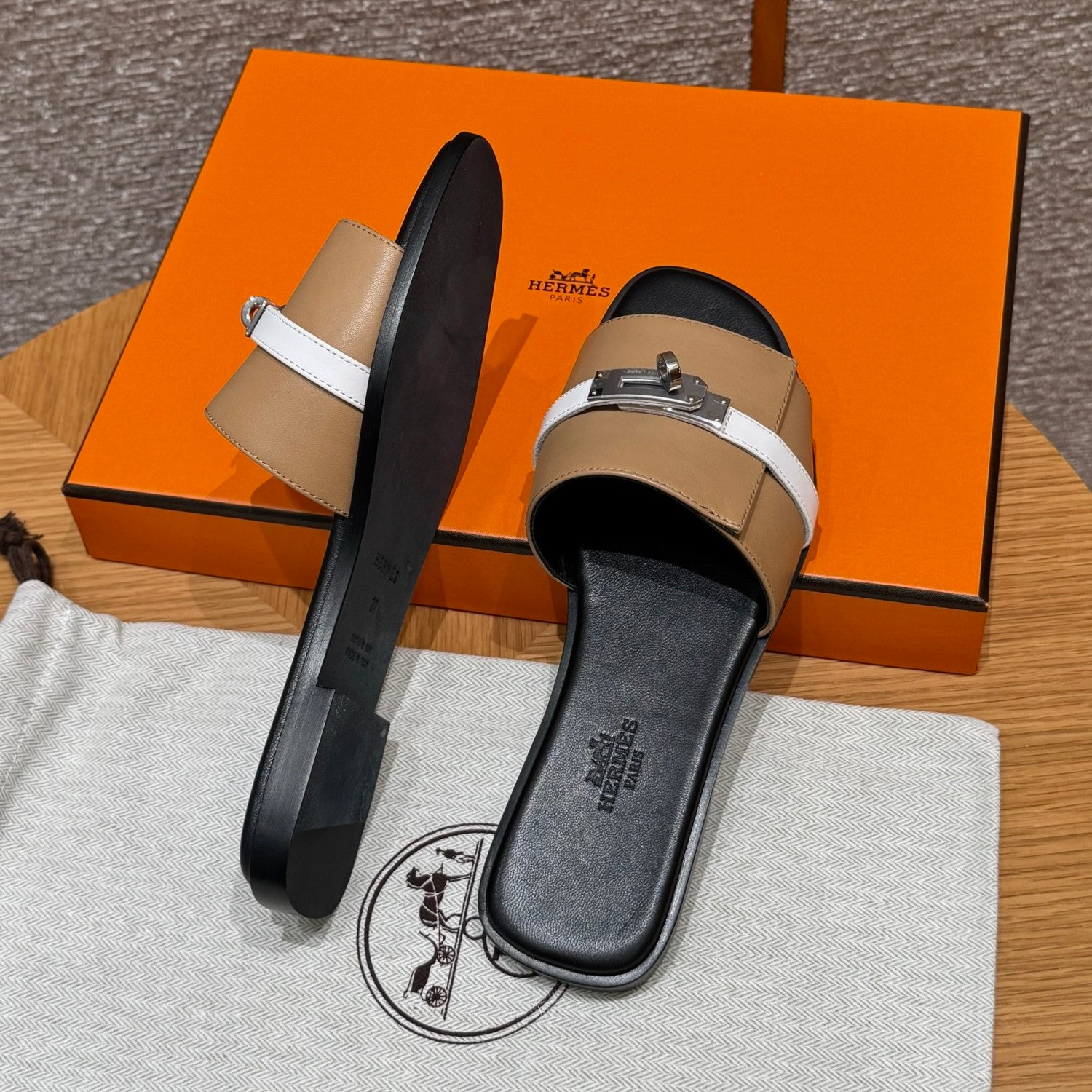 Hermes Giulia Women's Summer Metal Buckle Round Toe Leather Sandals Slippers Shoes #77657