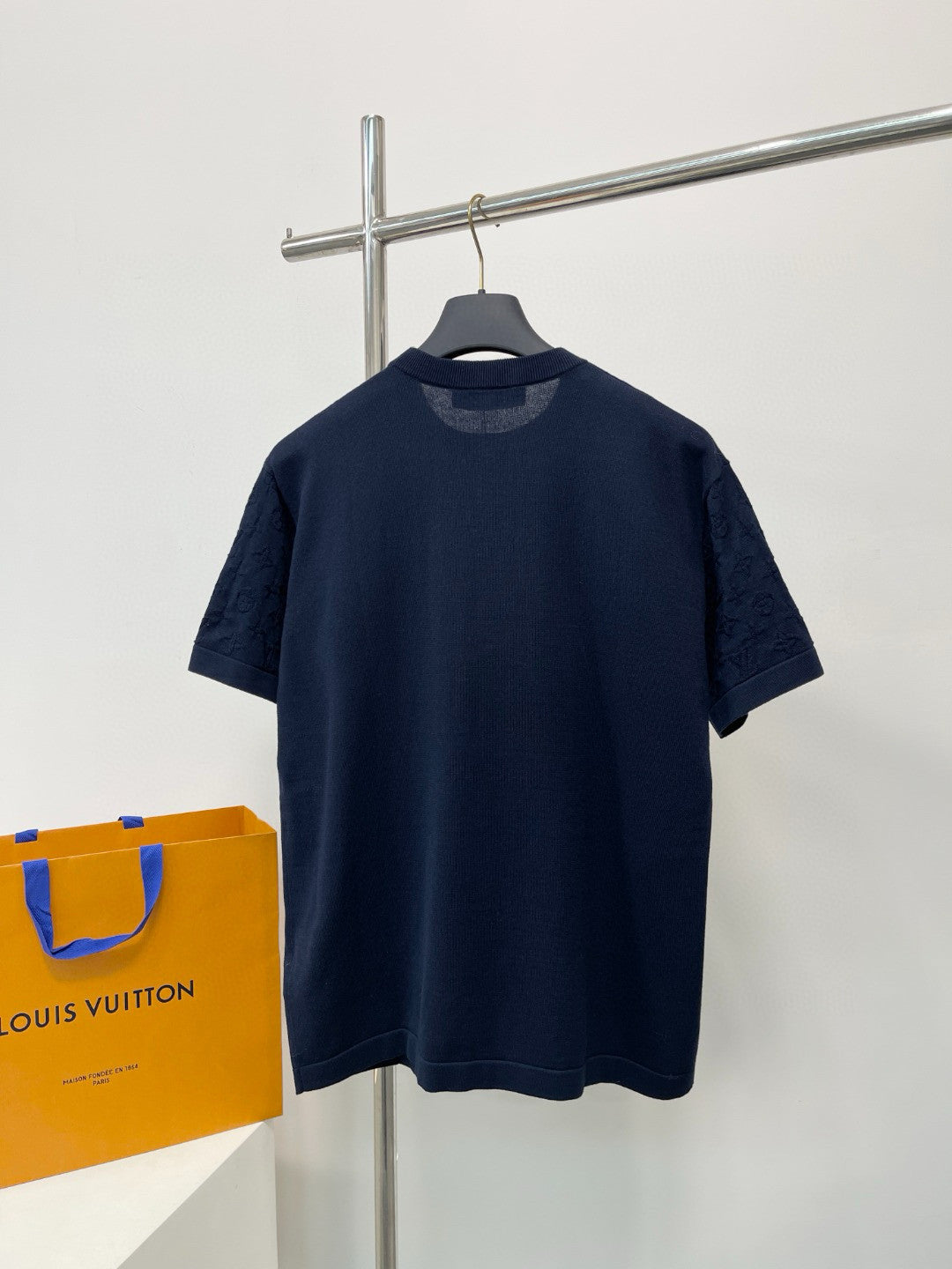 Louis Vuitton Men's Summer Letter Jacquard Pattern Navy Round Neck Cotton Short Sleeve T-Shirt #97886