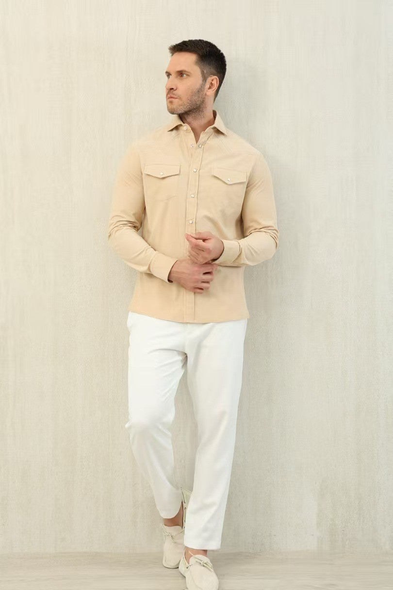 Brunello Cucinelli Men's Spring And Fall Cotton Lapel Solid Color Single-Breasted Chest Pocket Long Sleeve Fitted Shirt Ngvp #1557