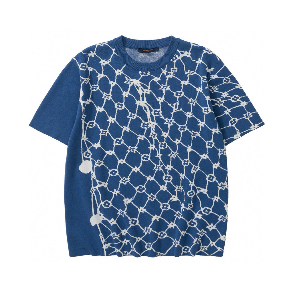 Louis Vuitton Men's Summer Blue Fishing Net Printed Ribbed Crew Neck Cotton Short Sleeve T-Shirt #99446