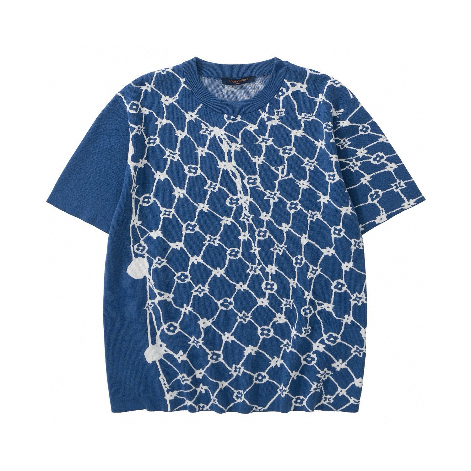 Louis Vuitton Men's Summer Blue Fishing Net Printed Ribbed Crew Neck Cotton Short Sleeve T-Shirt #99446