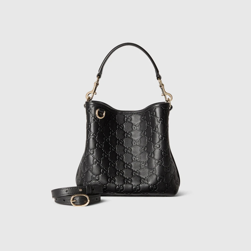 Gucci GG Emblem Small Bucket Bag Trendy Clutch Bag Crossbody Bag Small Size Gold Accents Elegant  #82388A