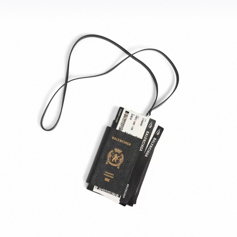 Balenciaga Spring New Product: Passport Aircraft Phone Lanyard Bag Silver And Black Glossy Leather Passport Bag Airline Ticket Wallet Bags #195348