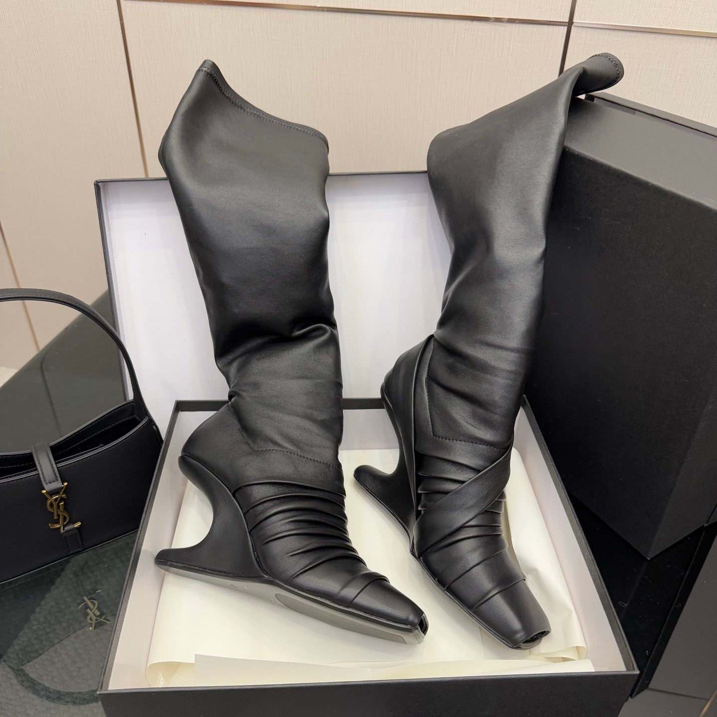 Rick Owens Women's Fall/Winter Fashion Classic Leather Booties Cowhide and Sheepskin Blend in Brown Lambskin Fishmouth Square Toe Design Fur Trimmed Panels Long Boots Shoes #79497