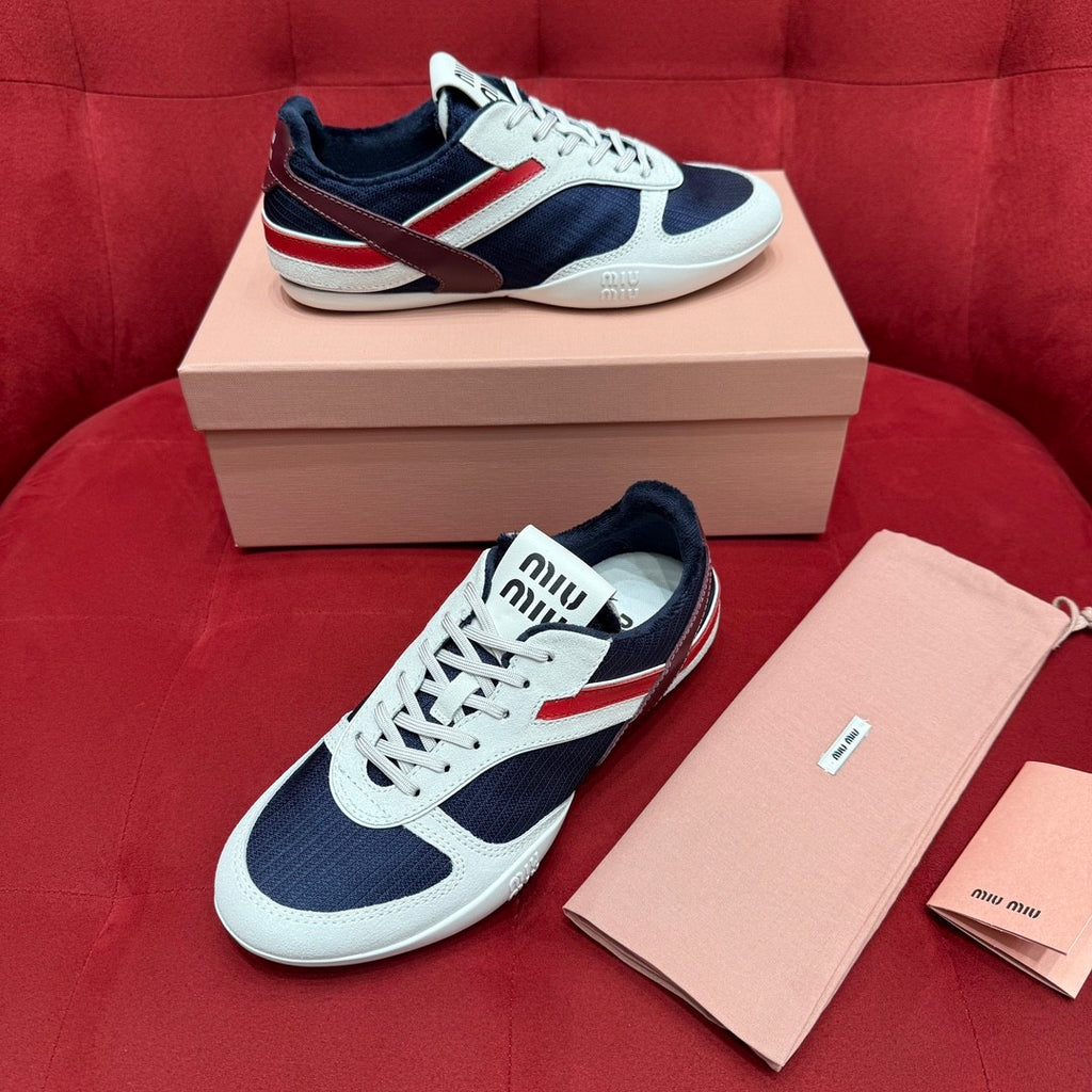 MiuMiu Women's Four Seasons Colorblock Gymnasium Tech Fabric Fabric and Suede Leather Low Top Lace-Up Sneakers Shoes #76373