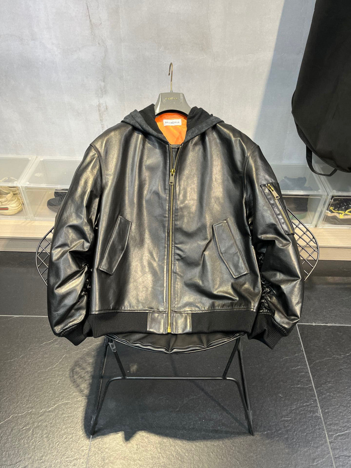 Balenciaga Leather Zip Hooded Jacket #96135