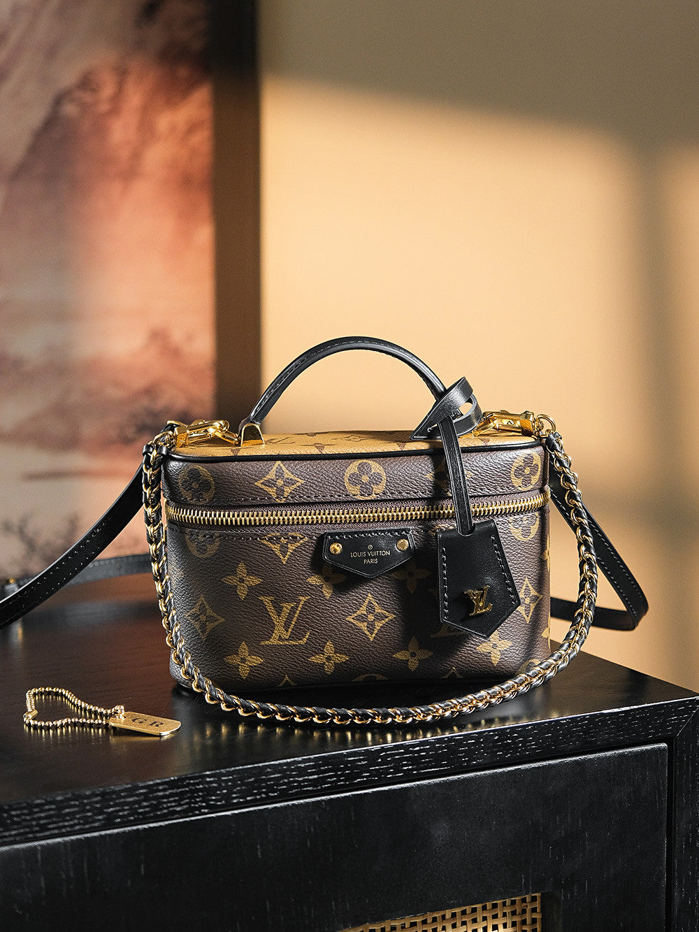 Louis Vuitton Vanity Chain Pouch Women's Brown Monogrammed Pendant Zipper Closure Calfskin Gloves Cosmetic Bag Bags #75134