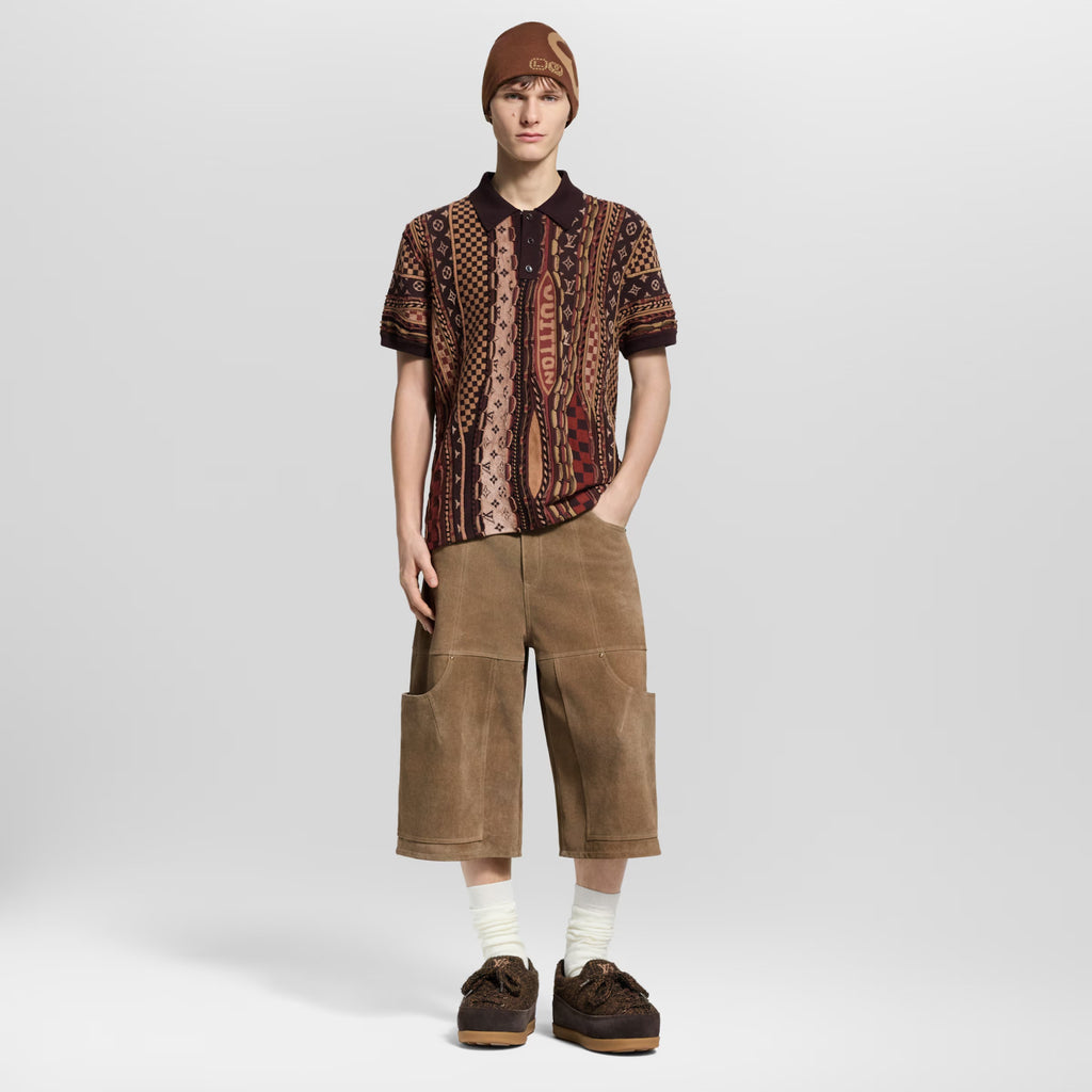 Louis Vuitton Men's Summer Logo Jacquard Knit Cotton-Blend Vintage Twist-Knit Short-Sleeve Polo Shirt #81582