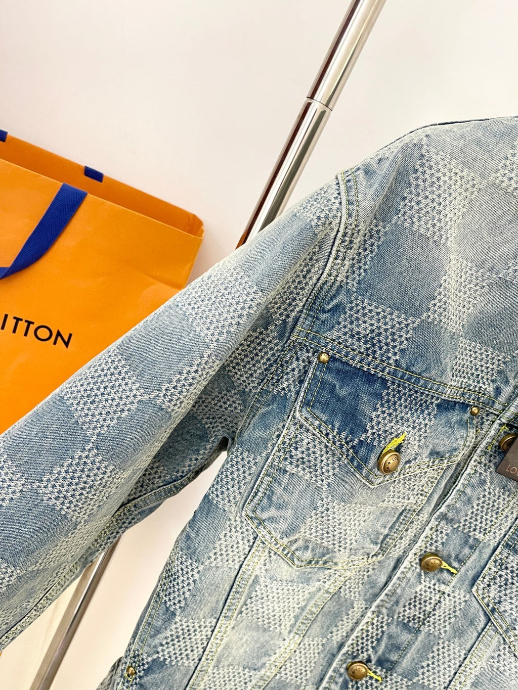 Louis Vuitton Men's Spring And Fall Checkerboard Print Single Breasted Long Sleeved Denim Jacket Button Jeans Pants Suit Set #75884