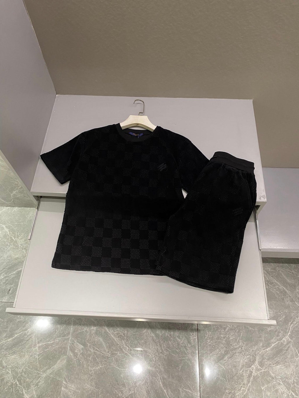 Louis Vuitton Men's Summer Black Embroidered Logo Printed Cotton Short Sleeve T-Shirt Casual Shorts Set Suit #72563