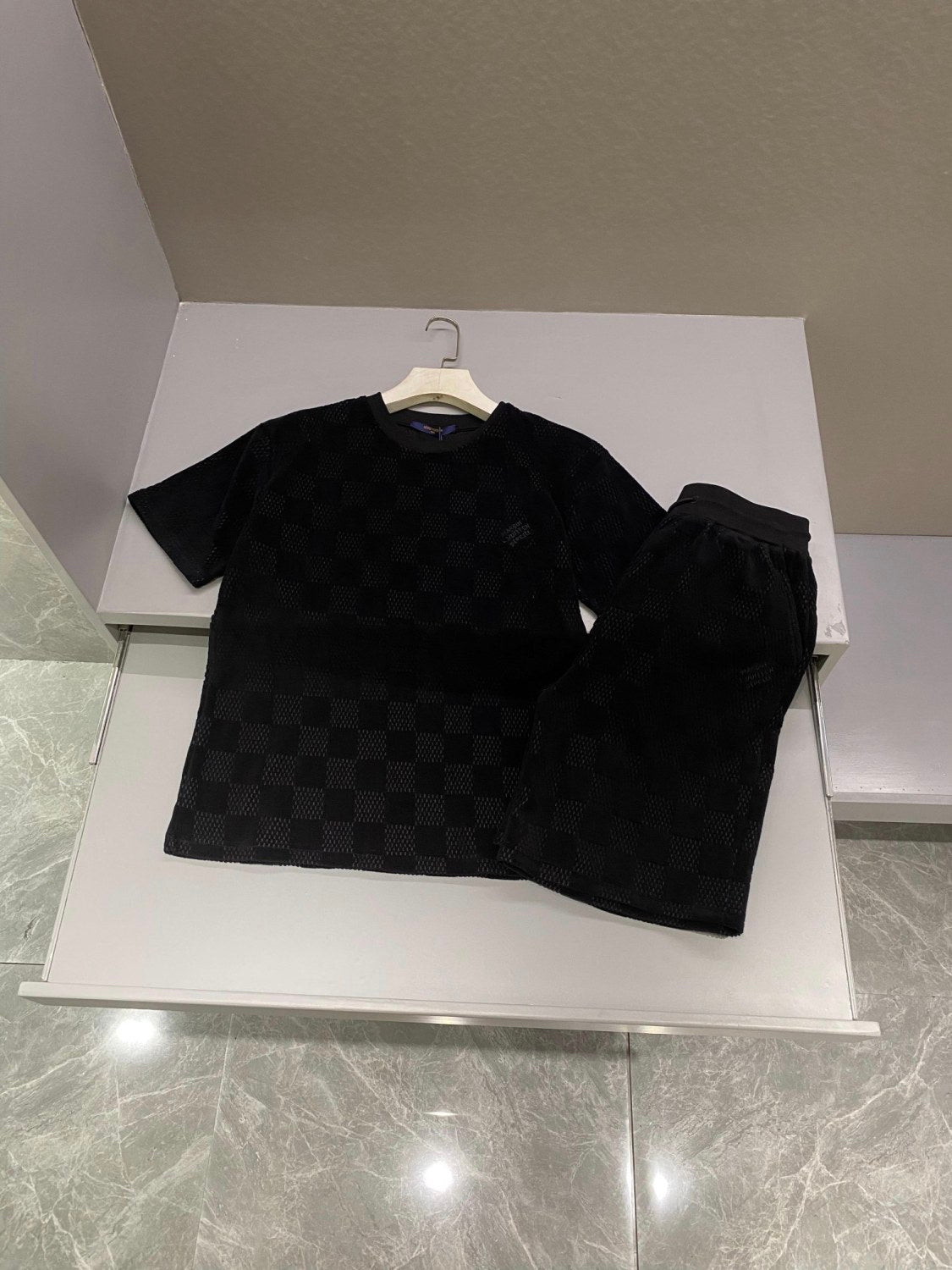 Louis Vuitton Men's Summer Black Embroidered Logo Printed Cotton Short Sleeve T-Shirt Casual Shorts Set Suit #72563