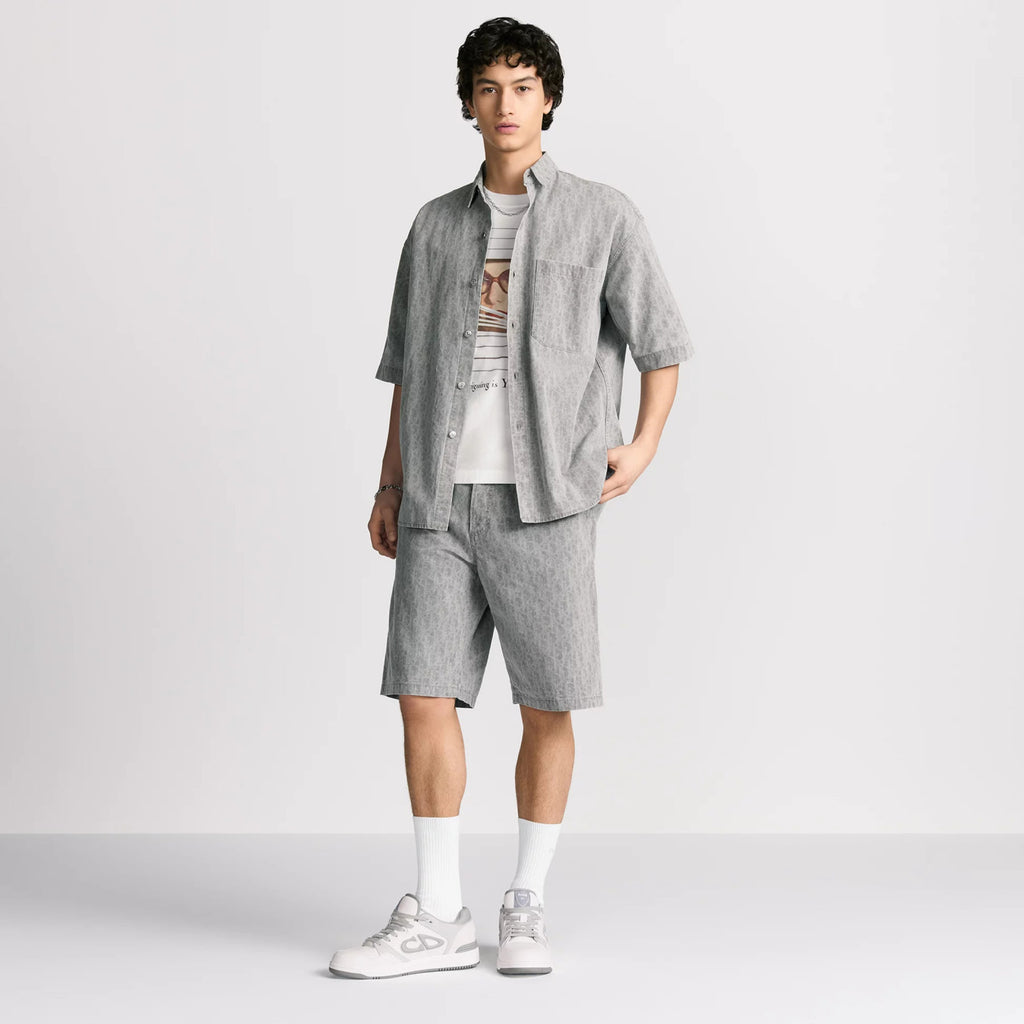 Dior Men's Spring Summer Grey Cotton Denim Oblique Printed Lapel Single Breasted Shirt Denim Straight Wide Leg Shorts Set Suit  #81256