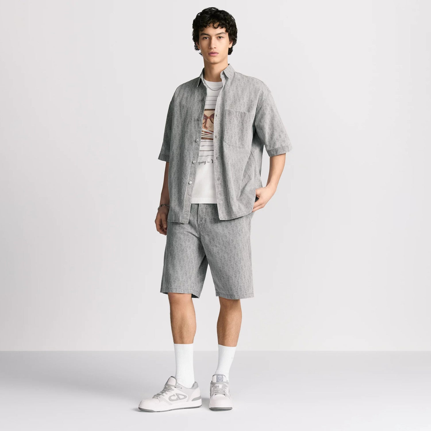 Dior Men's Spring Summer Grey Cotton Denim Oblique Printed Lapel Single Breasted Shirt Denim Straight Wide Leg Shorts Set Suit  #81256