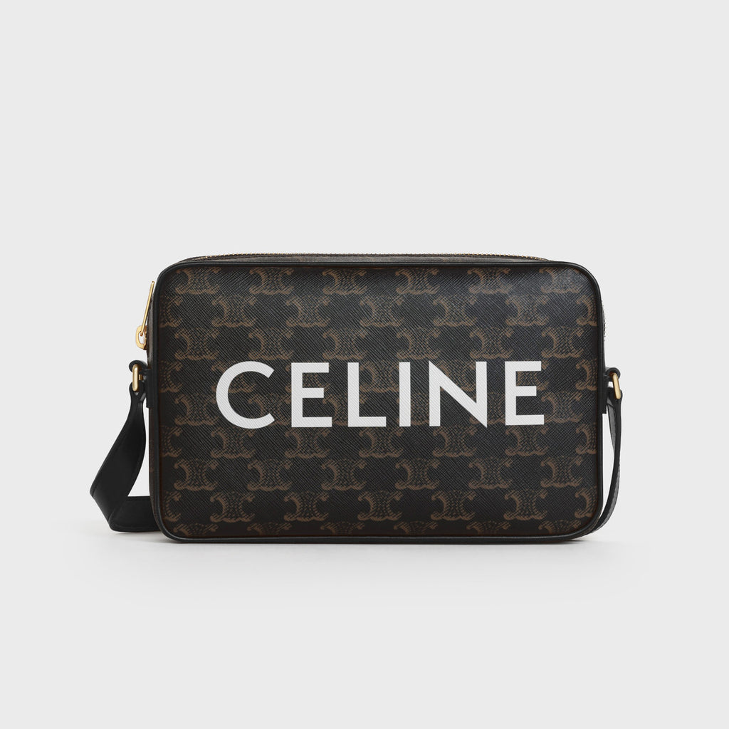 Celine Triomphe Men's Black Zipper Closure Printed Canvas Calfskin Shoulder Crossbody Bag Bags #75812