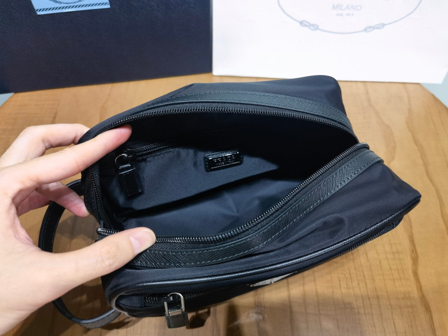 PRADA New Regenerated Nylon Enameled Triangle Logo Saffiano Leather Travel Storage Bag Toiletry Bag #332316