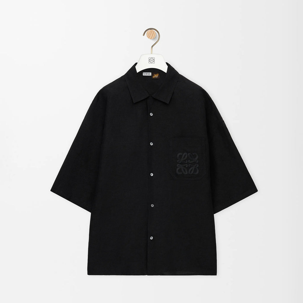 Loewe Men's Summer Solid Colour Embroidered Logo Printed Linen Single Breasted Short Sleeve Shirt #76797
