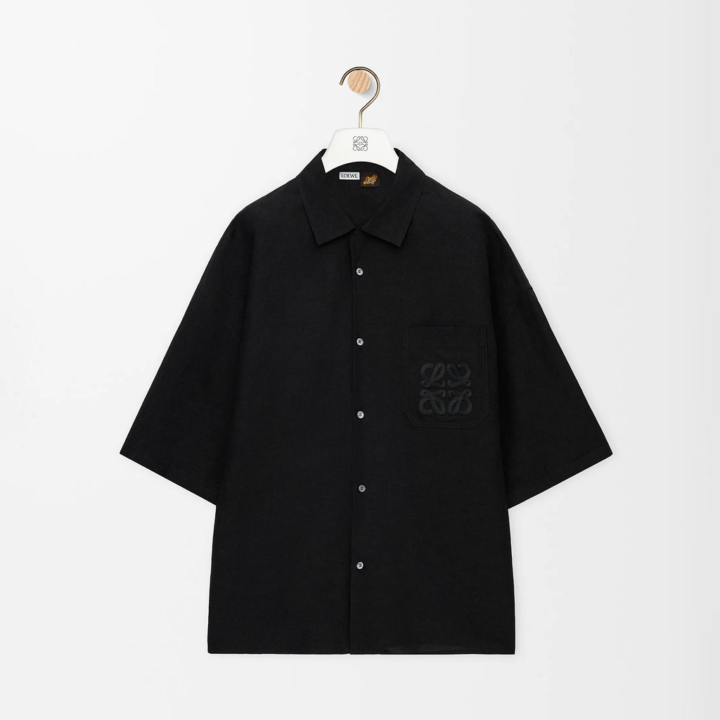 Loewe Men's Summer Solid Colour Embroidered Logo Printed Linen Single Breasted Short Sleeve Shirt #76797