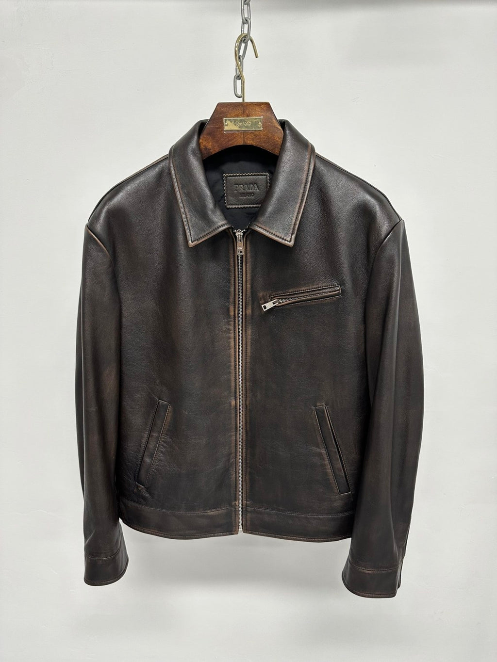 Prada Men's Autumn and Winter Solid Color Fit Lapel Zipper Long Sleeve Leather Jacket #73774